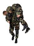 Soldier carrying an injured soldier on his shoulders