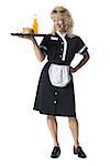 Waitress holding hamburger platter and orange soda