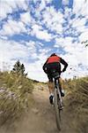 Rear view of a mature man mountain biking on a dirt road