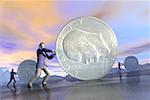 Profile of businessmen pushing oversized coins