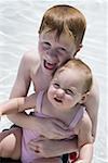 Young boy and sister in wading pool