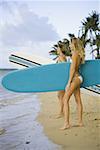 Profile of two young women holding surfboards and standing on the beach