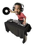 Caricature of DJ with headphones and records looking up