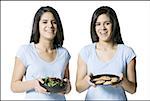 Portrait de deux adolescentes, tenant des aliments