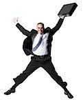 Businessman jumping with briefcase