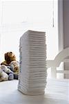 Close-up of a stack of diapers on a table