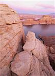 High angle view of rocks and a lake in a desert region