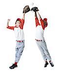 Two baseball players jumping