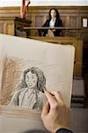 Close-up of a man's hand drawing a sketch of a witness in a courtroom