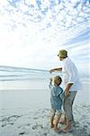 Senior man standing on beach with grandson, pointing toward distance