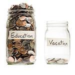 Two glass jars with change labeled Education and Vacation