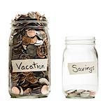 Two glass jars with change labeled Education and Savings