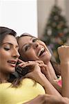 Young woman talking on a mobile phone with her friend laughing beside her