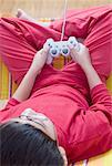 High angle view of a boy playing video game
