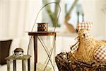 Two hand lanterns on a wooden table, selective focus