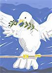 Blanche colombe avec le rameau d'Olivier dans le bec et les ailes déployées