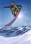 Young man jumping through the air on his snowboard