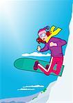 Jeune femme sur son snowboard sautant en l'air