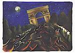 Night scene of lit Arc de Triomphe at the end of Champs- Elysees