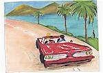 Classic red car with two women on tropical road