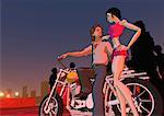 Couple hanging out by motorcycle
