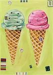 A green and a pink ice cream cone