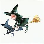 Happy witch on broom with her shadow