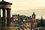 Dugald Stewart Monument, Edinburgh Castle, Balmoral Hotel and Scott Monument, Edinburgh, Scotland, UK