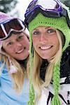 Close-up portrait of two young blonde women in ski-wear