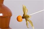 Choclate fountain and a kumquat on a stick