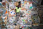 Man climbing a wall of recycling.