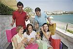 Group of friends with shopping bags and wine