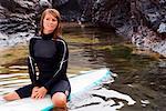 Femme assise sur une planche de surf dans l'eau.