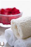 Close-up of rose petals in a bowl with three rolled white towels