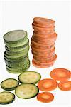 Close-up of stacks of carrot and cucumber slices