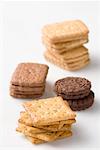 Close-up of stacks of various biscuits