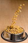 Close-up of dog food being poured in a dog bowl