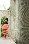 Young woman wearing traditional Chinese clothing, walking with parasol, rear view