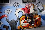 A skating-board young man in front of graffiti