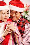 Close-up of young couple wearing Santa hat and holding glass, smiling