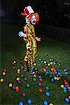 Clown holding plastic balls, scattering lawn with balls