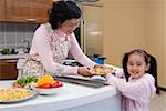 Senior Woman mit Enkelin hält Teller in die Küche und Lächeln