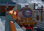 Junges Paar umarmen Zug Depot kurz vor dem Kuss