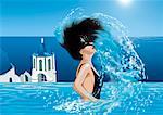 Frau im Pool spiegeln ihr Haar aus dem Wasser