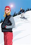 Woman standing in the snow with man in background snowboarding