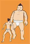 Very large sumo wrestler with very small competitor