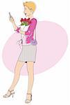 Woman with mobile phone and bouquet of roses in hand