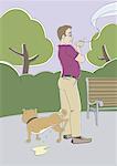 Man waiting for dog to urinate in the park