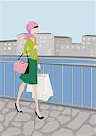 Woman walking with her shopping bags in a cityscape