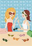 Two women trying on sunglasses